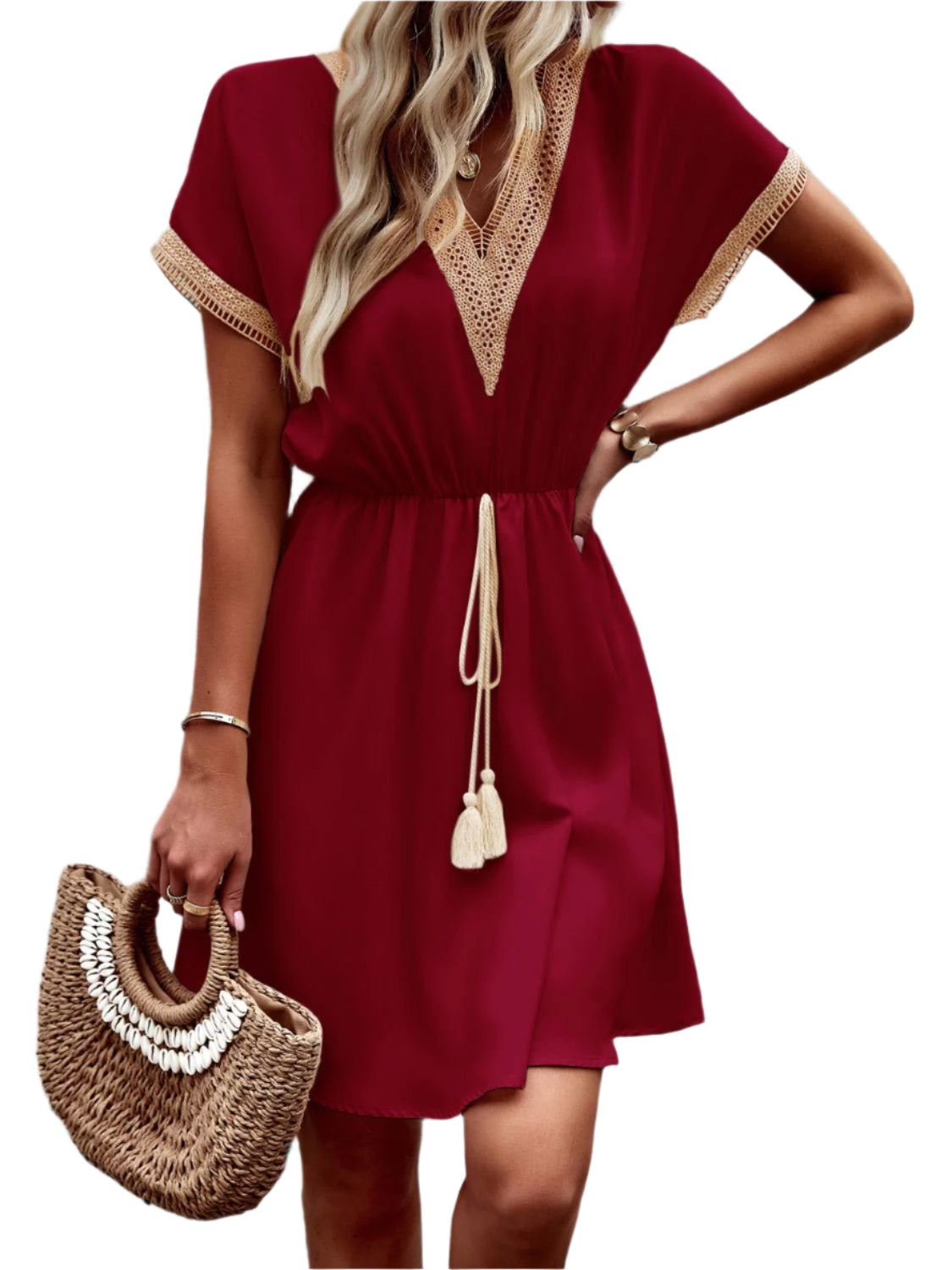 Devine Contrast Trim V-Neck Short Sleeve Mini Dress