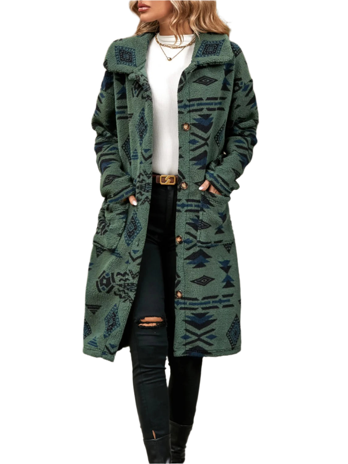 Geometric Pocketed Dropped Shoulder Coat
