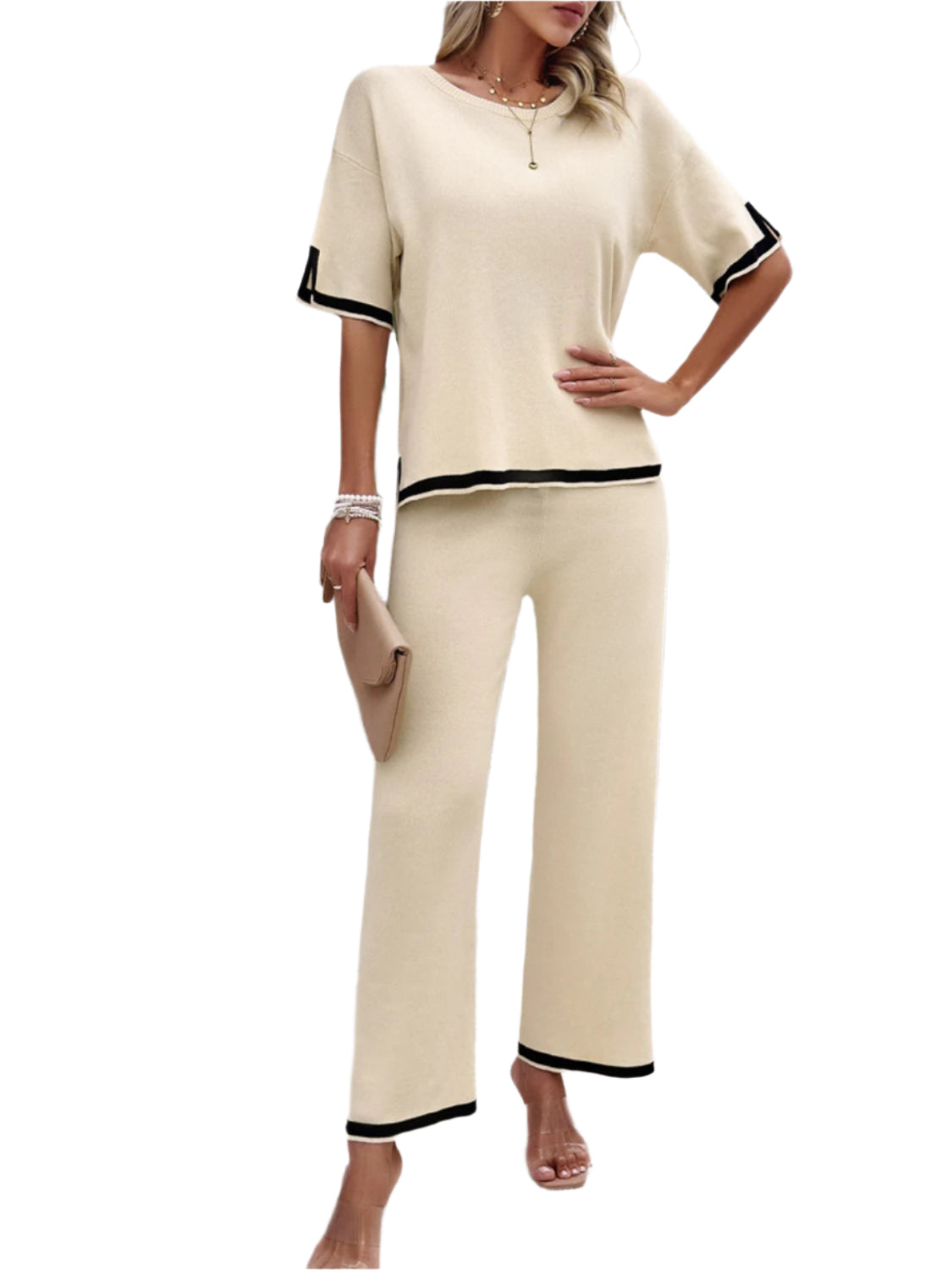 Devine Contrast Trim Round Neck Top and Pants Set