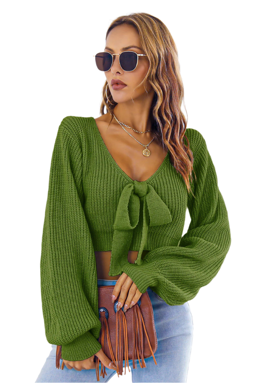 Bow V-Neck Long Sleeve Cropped Sweater