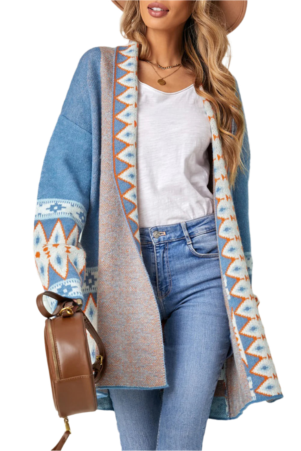 Geometric Open Front Long Sleeve Cardigan