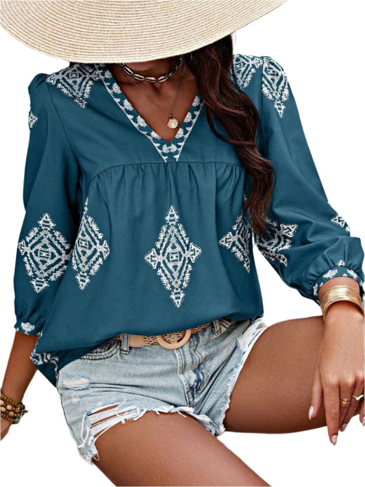 Printed V-Neck Three-Quarter Sleeve Blouse