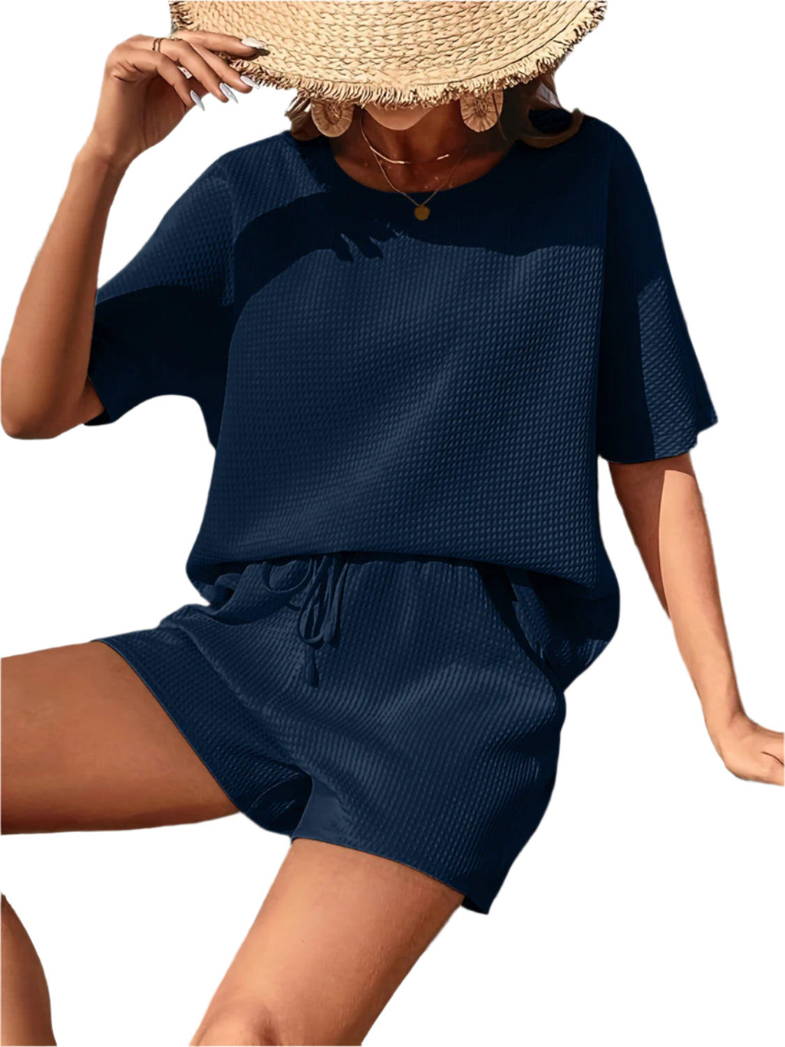 Waffle-Knit Half Sleeve Top and Shorts Set