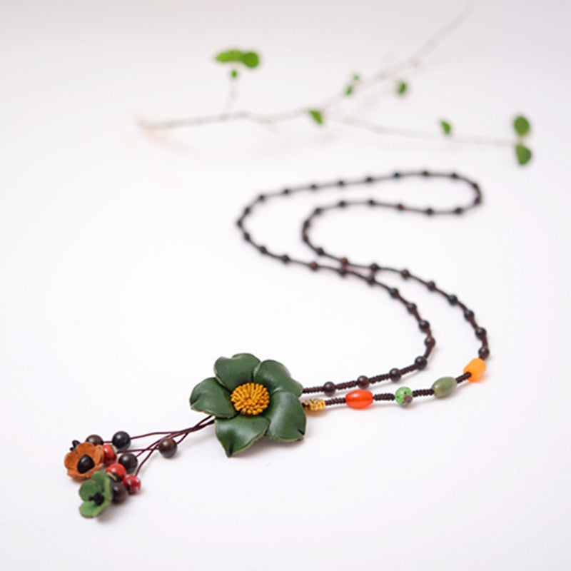 Sweater Beaded Chain Cowhide Leather Flower Pendant Necklace
