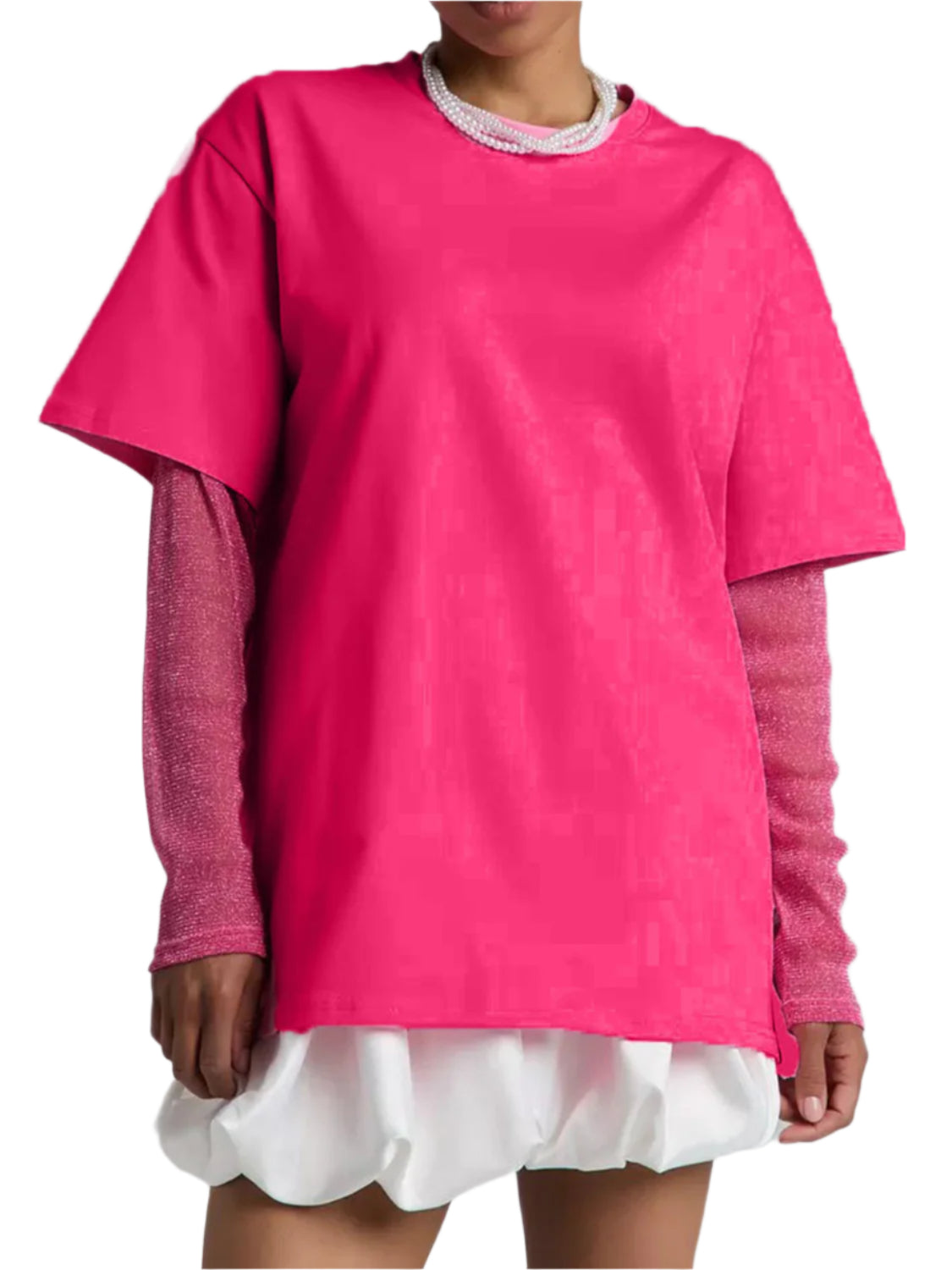Faux Layered Round Neck Mesh Sleeve Top