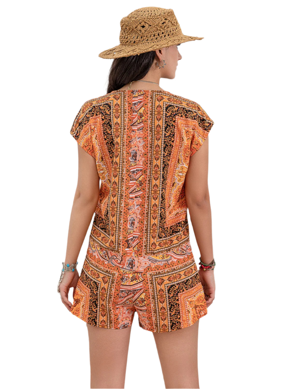 Printed V-Neck Cap Sleeve Romper