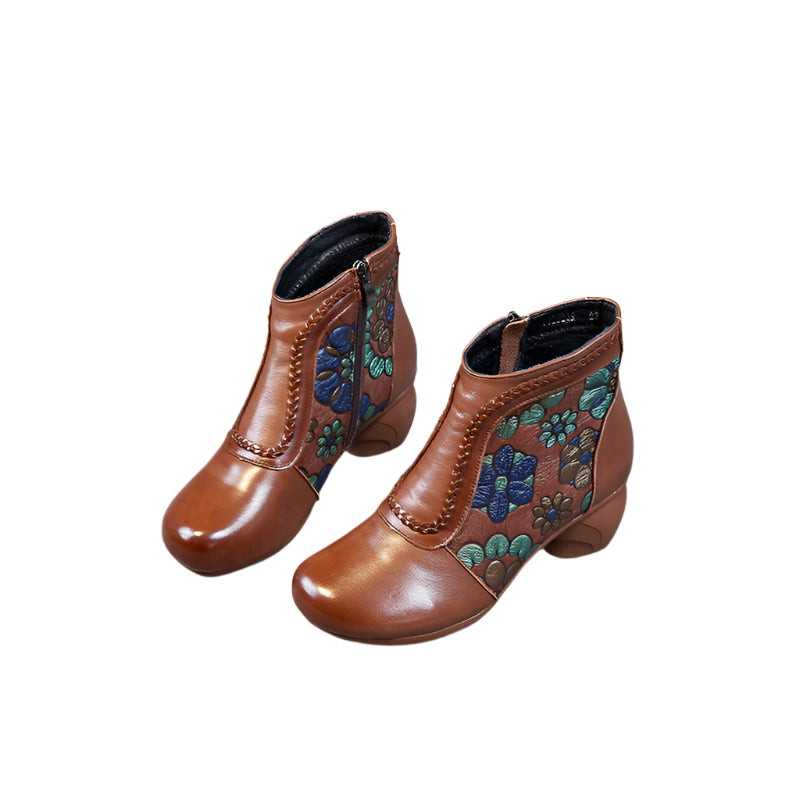 Floral Print Cowhide Waterproof Ankle Boots