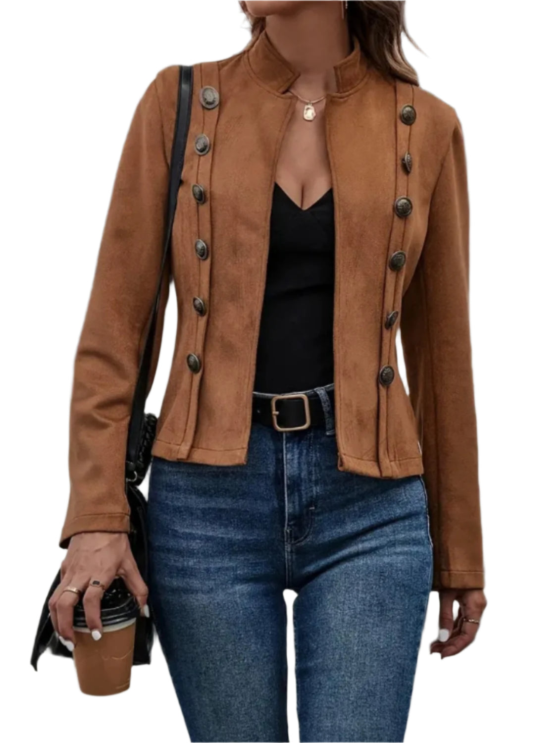 Decorative Button Open Front Long Sleeve Jacket