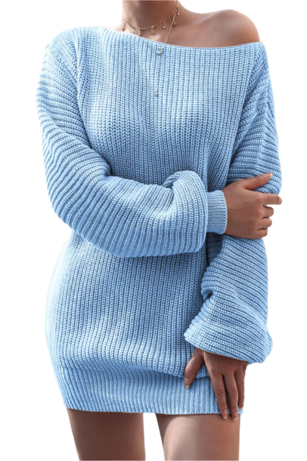 Boat Neck Long Sleeve Mini Sweater Dress
