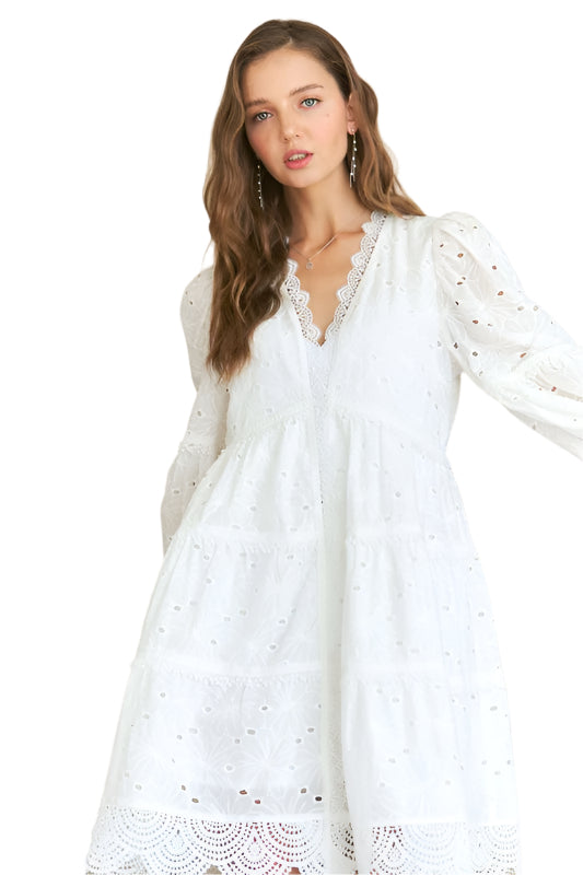 ADORA Lace Detail Tiered Eyelet V-Neck Babydoll Dress