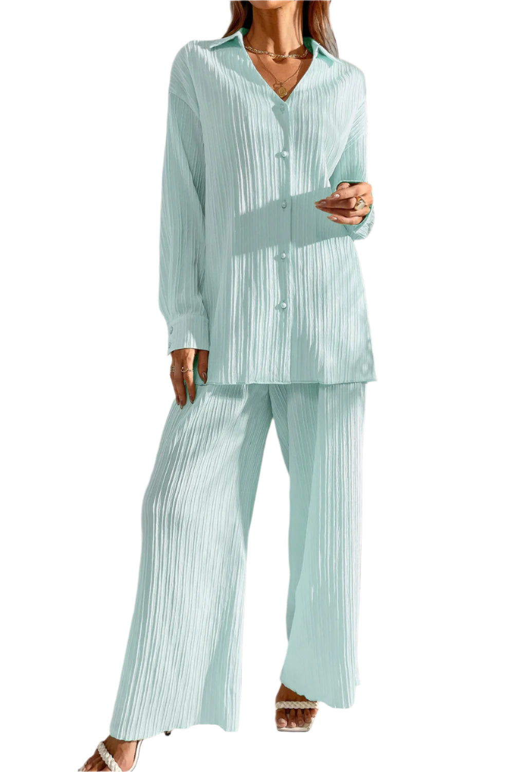 Johnny Collar Button Down Top and Pants Set