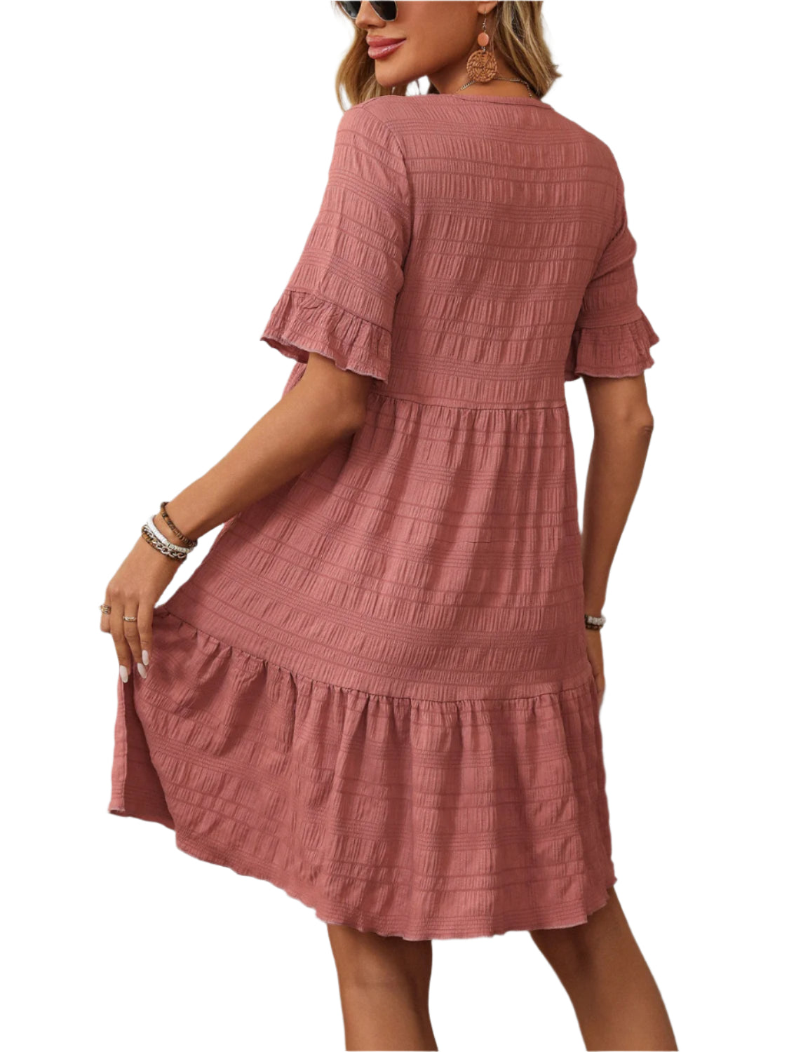 Mandy Ruffled Ruched Round Neck Half Sleeve Dress