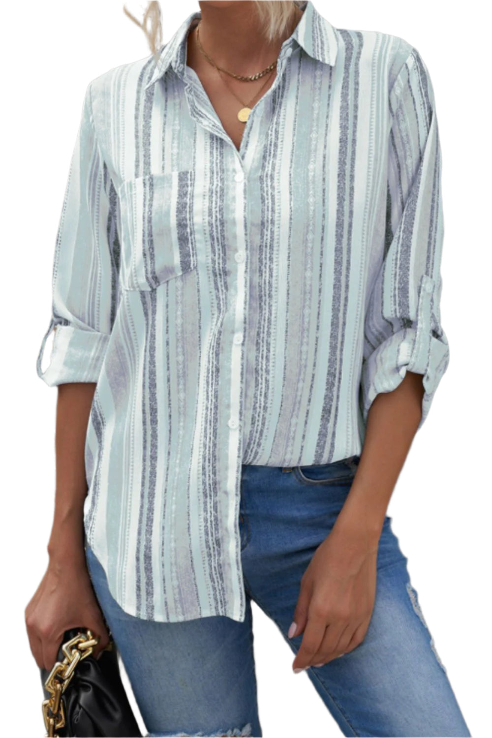 Striped Collared Neck Long Sleeve Shirt