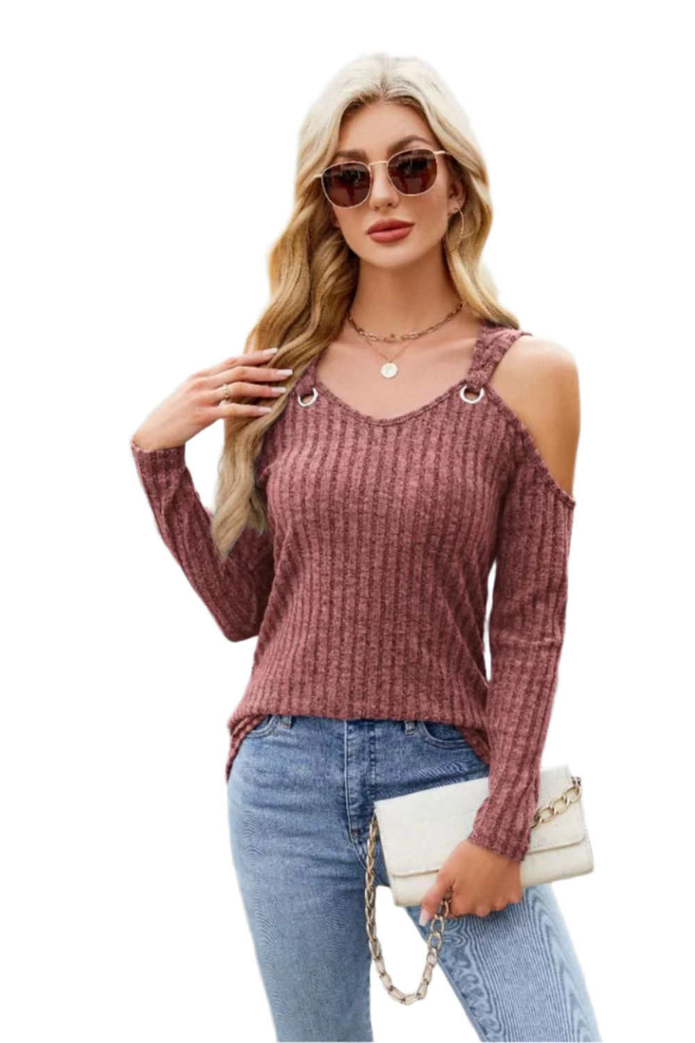 Ribbed Cold Shoulder Long Sleeve Top