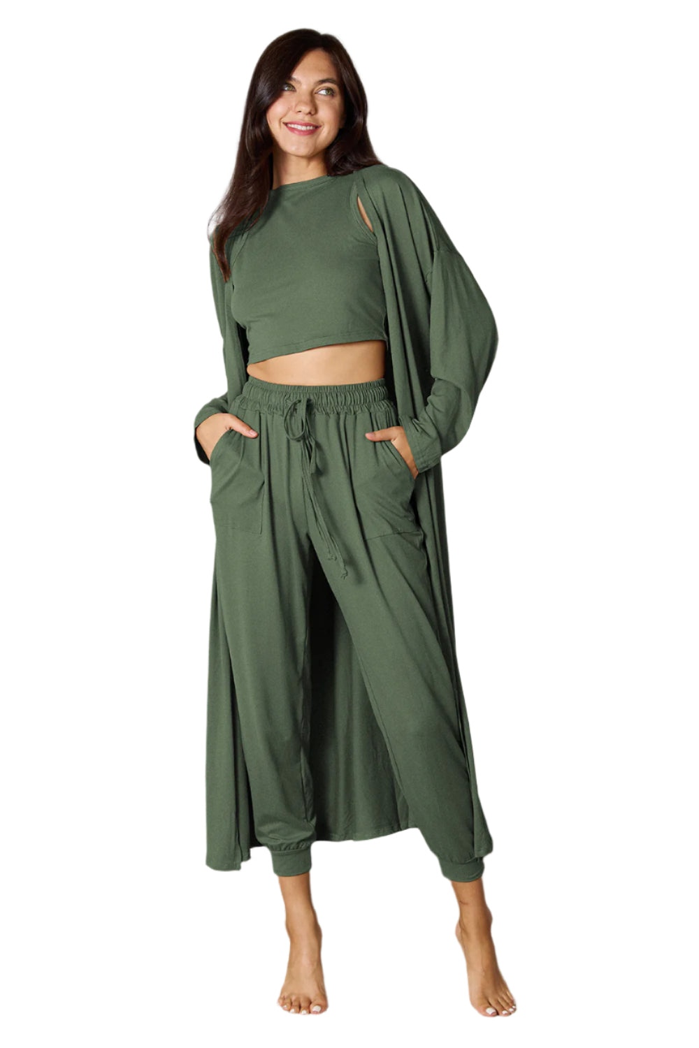 Tank, Pants, and Cardigan Set with Pockets