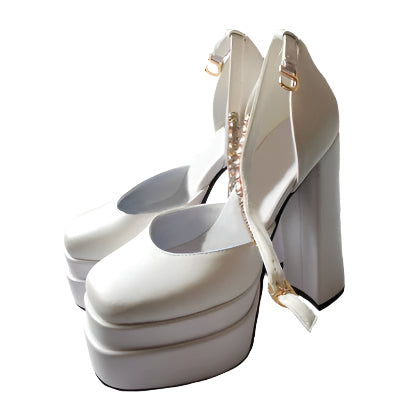 Satin Square Toe Rhinestone with Sheepskin Platform Heels
