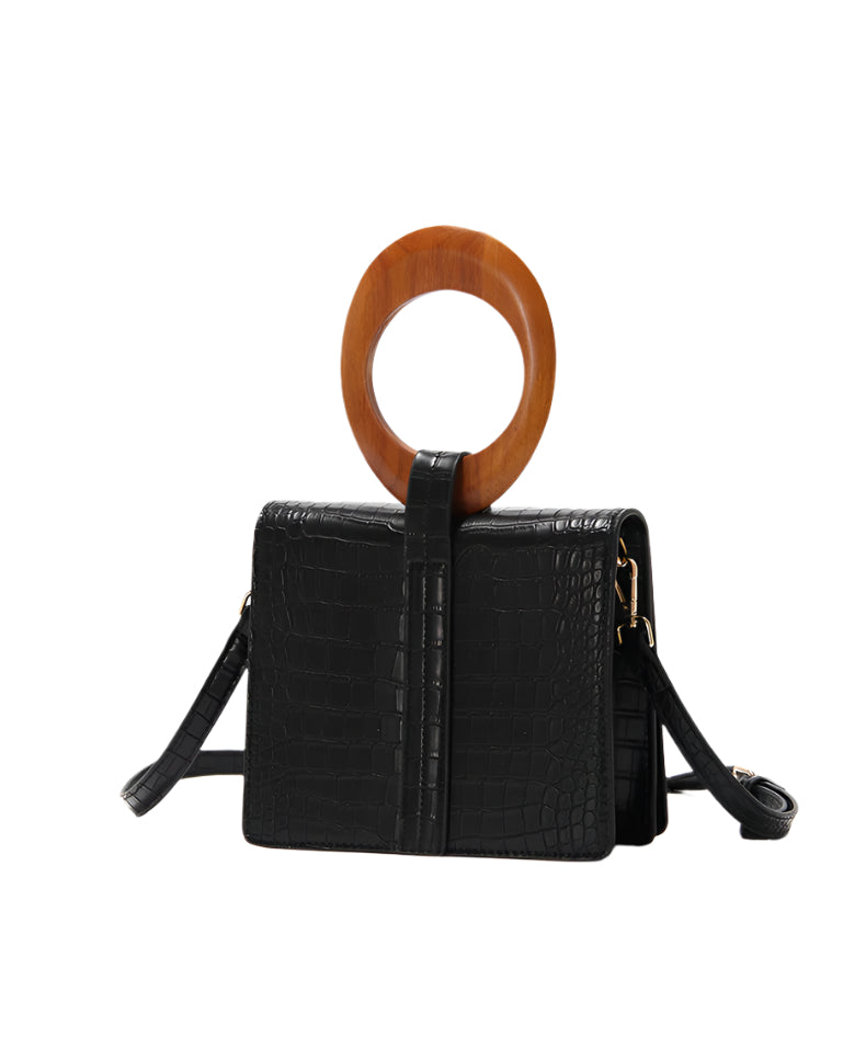 Wooden Handle Square PU Leather Handbag