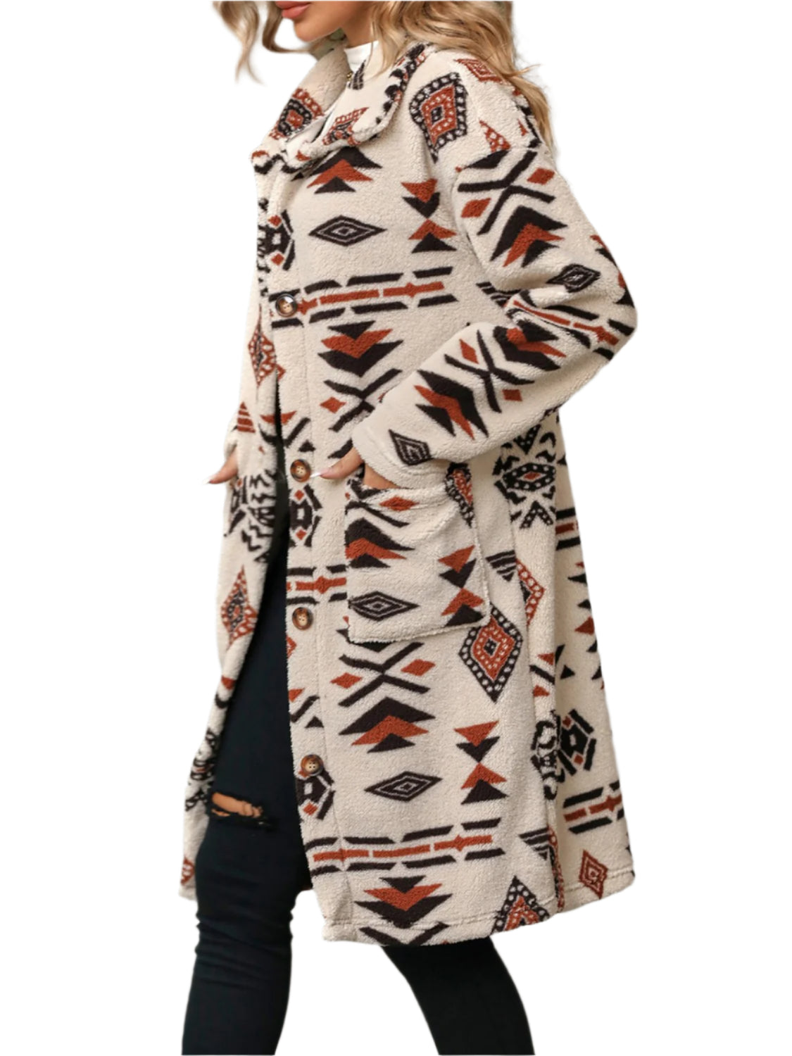 Geometric Pocketed Dropped Shoulder Coat