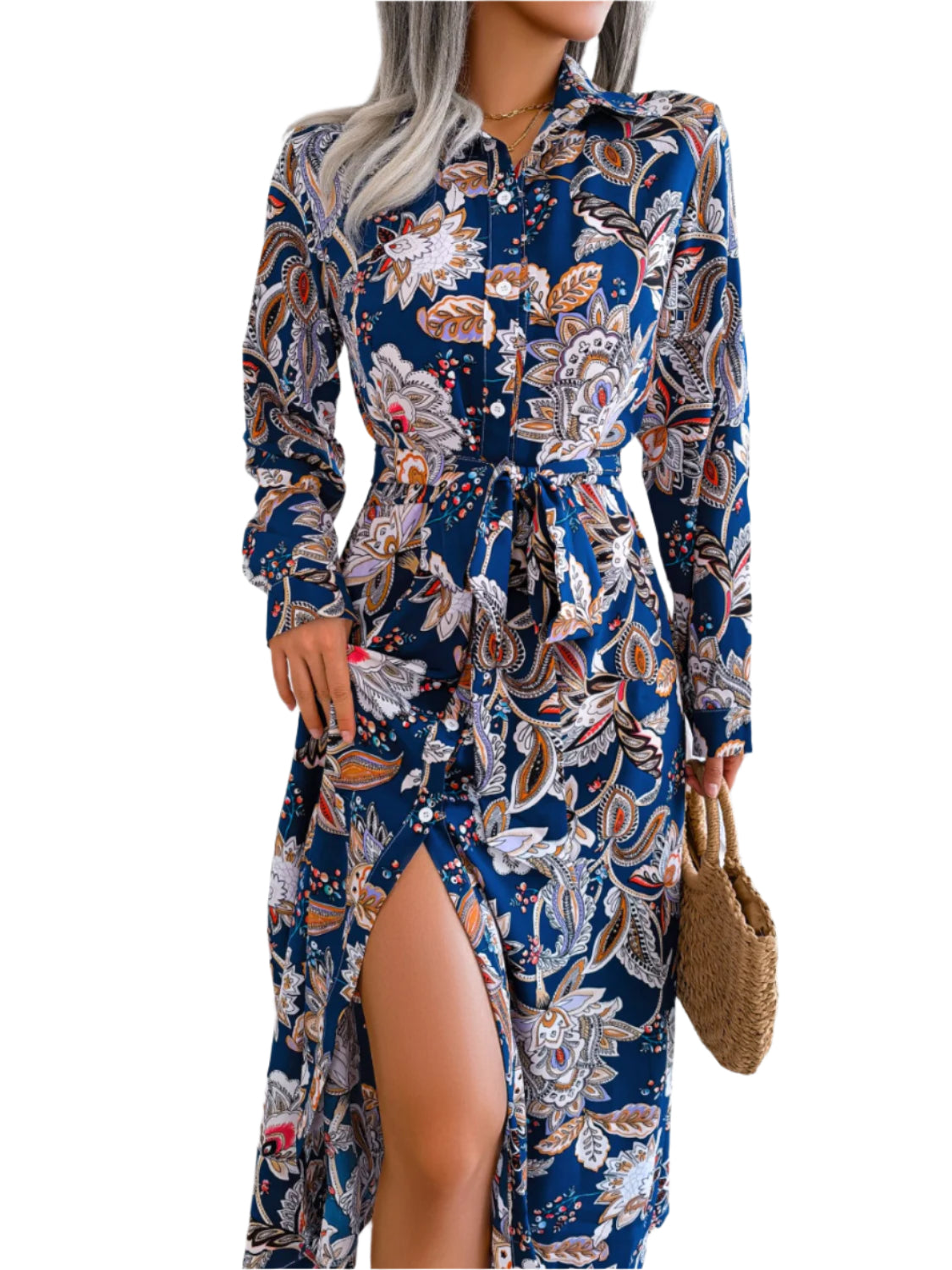 Tied Printed Long Sleeve Midi Dress