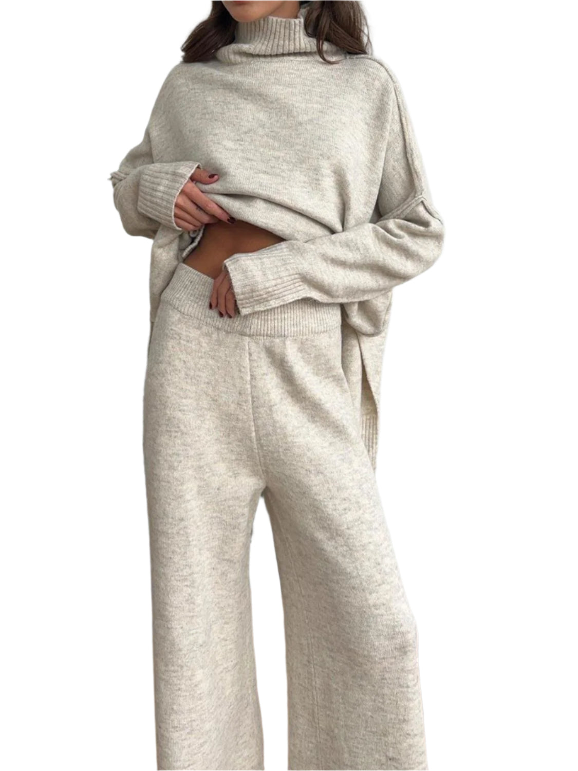 Slit Turtleneck Long Sleeve Top and Pants Sweater Set