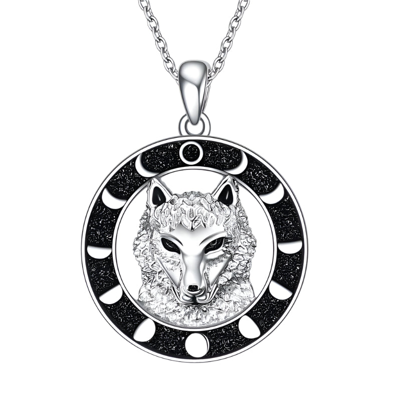 925 Sterling Silver Wolf Pendant Moon Phase Necklace
