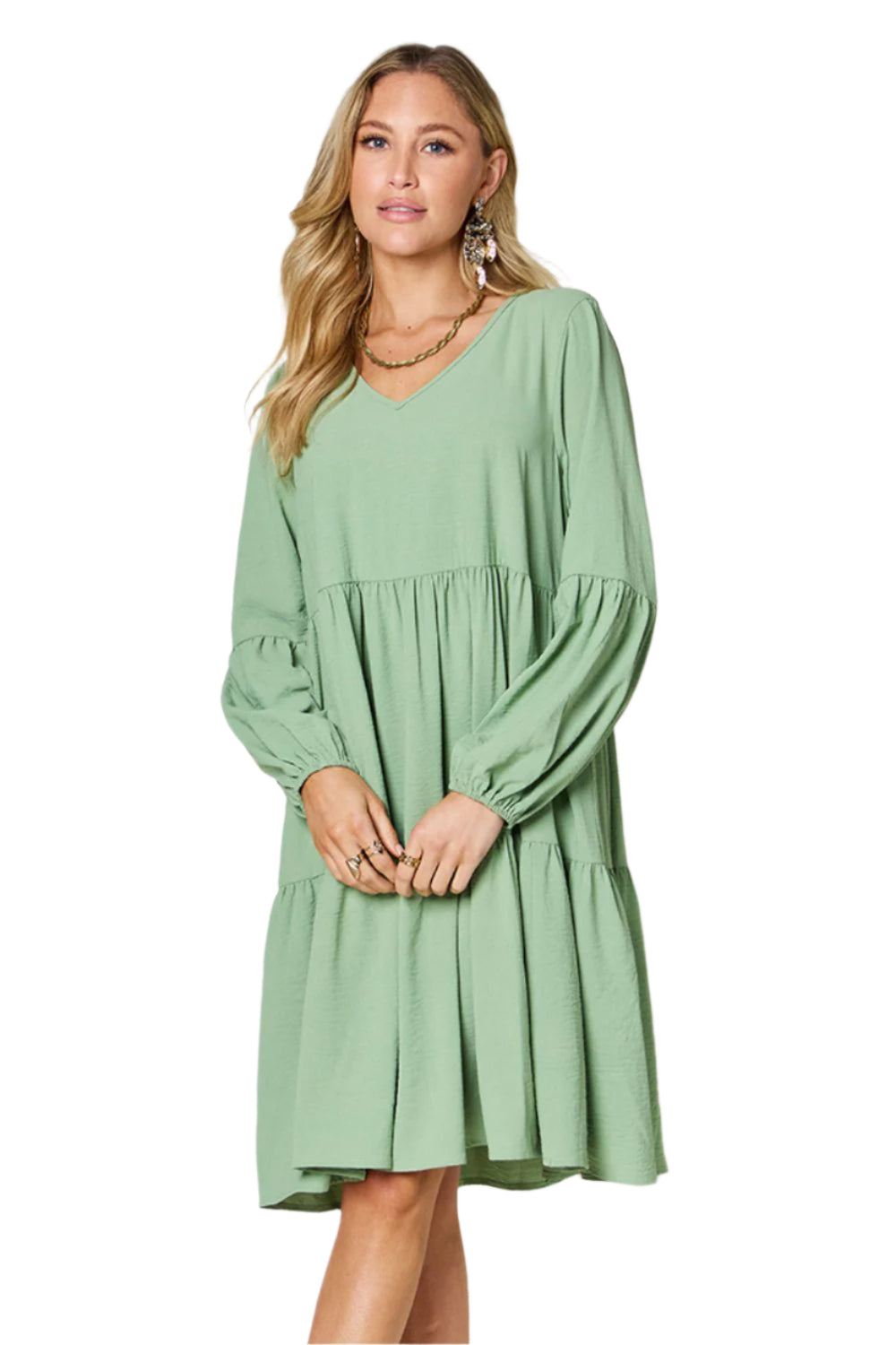 Double Take Full Size V-Neck Balloon Sleeve Tiered Dress with Pockets