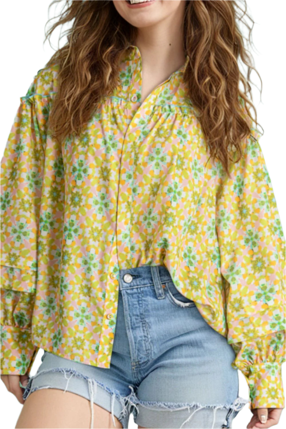 Frill Printed Collared Neck Long Sleeve Blouse