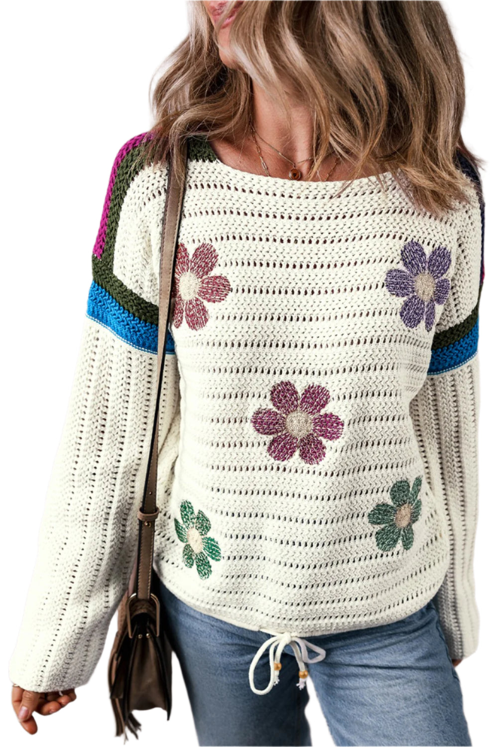 Flower Round Neck Long Sleeve Sweater
