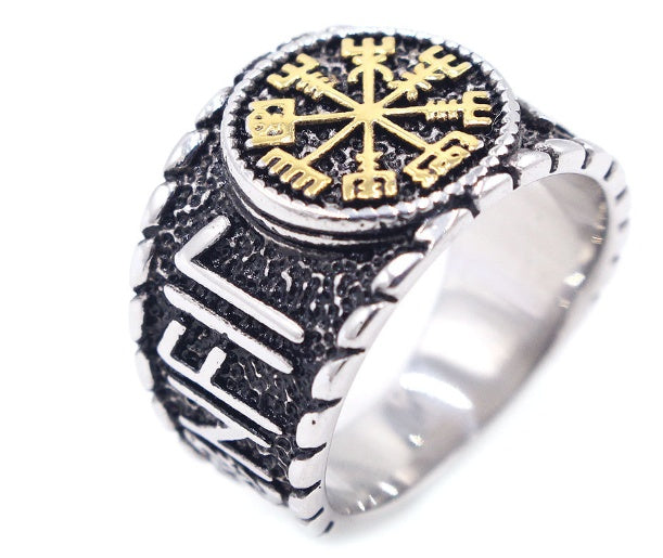 Stainless Steel Vegvísir Hail Odin Norse Elder Futhark Runes Ring