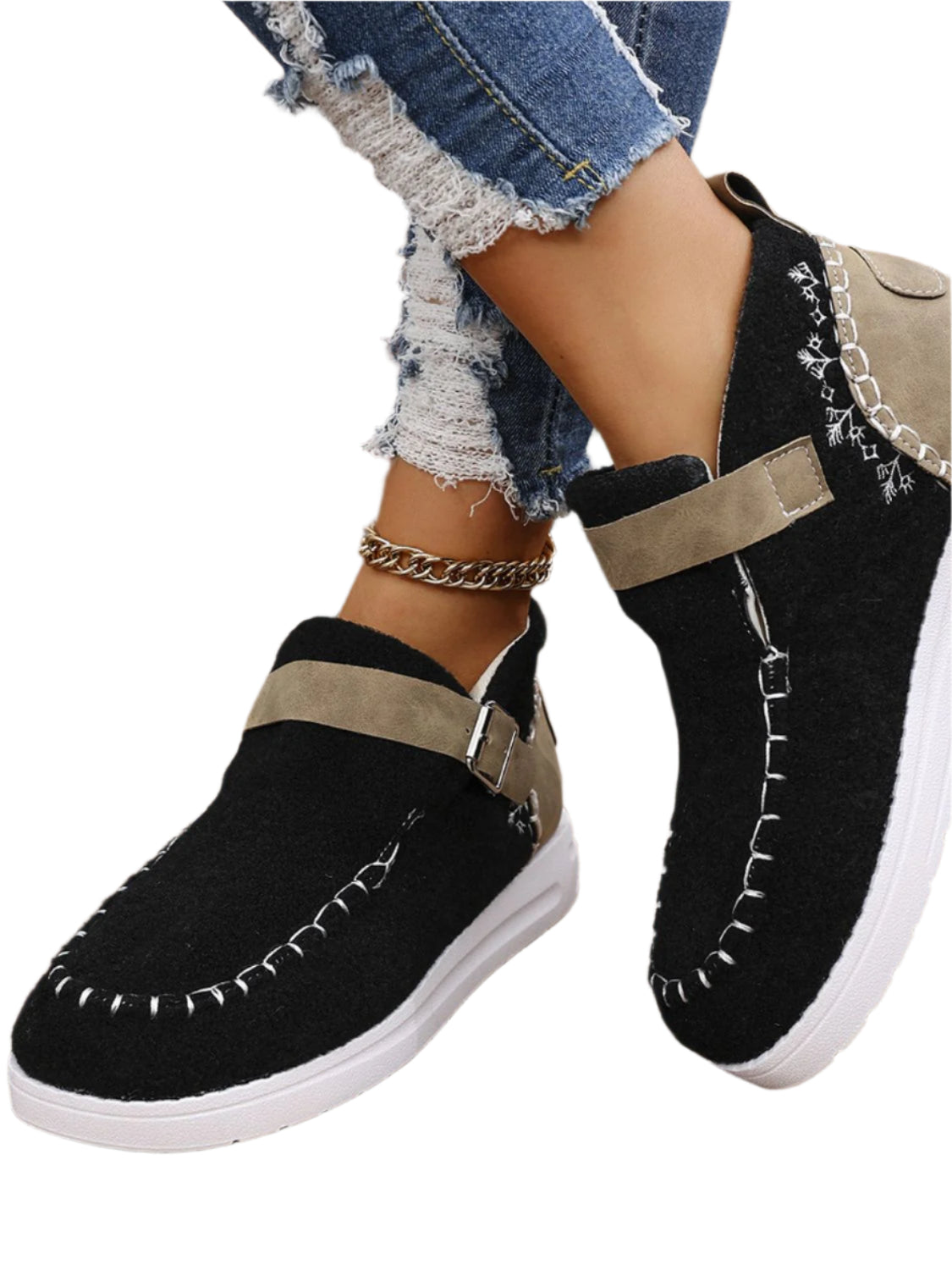 Contrast Round Toe Buckle Sneakers