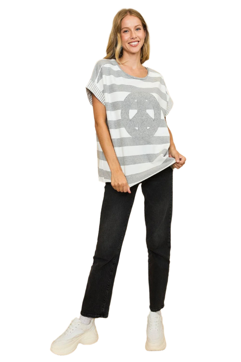 Umgee Peace Sign Patch Striped French Terry T-Shirt