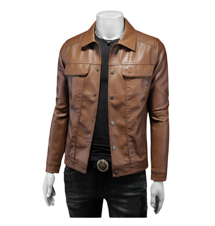 Men's Button Down PU Leather Jacket