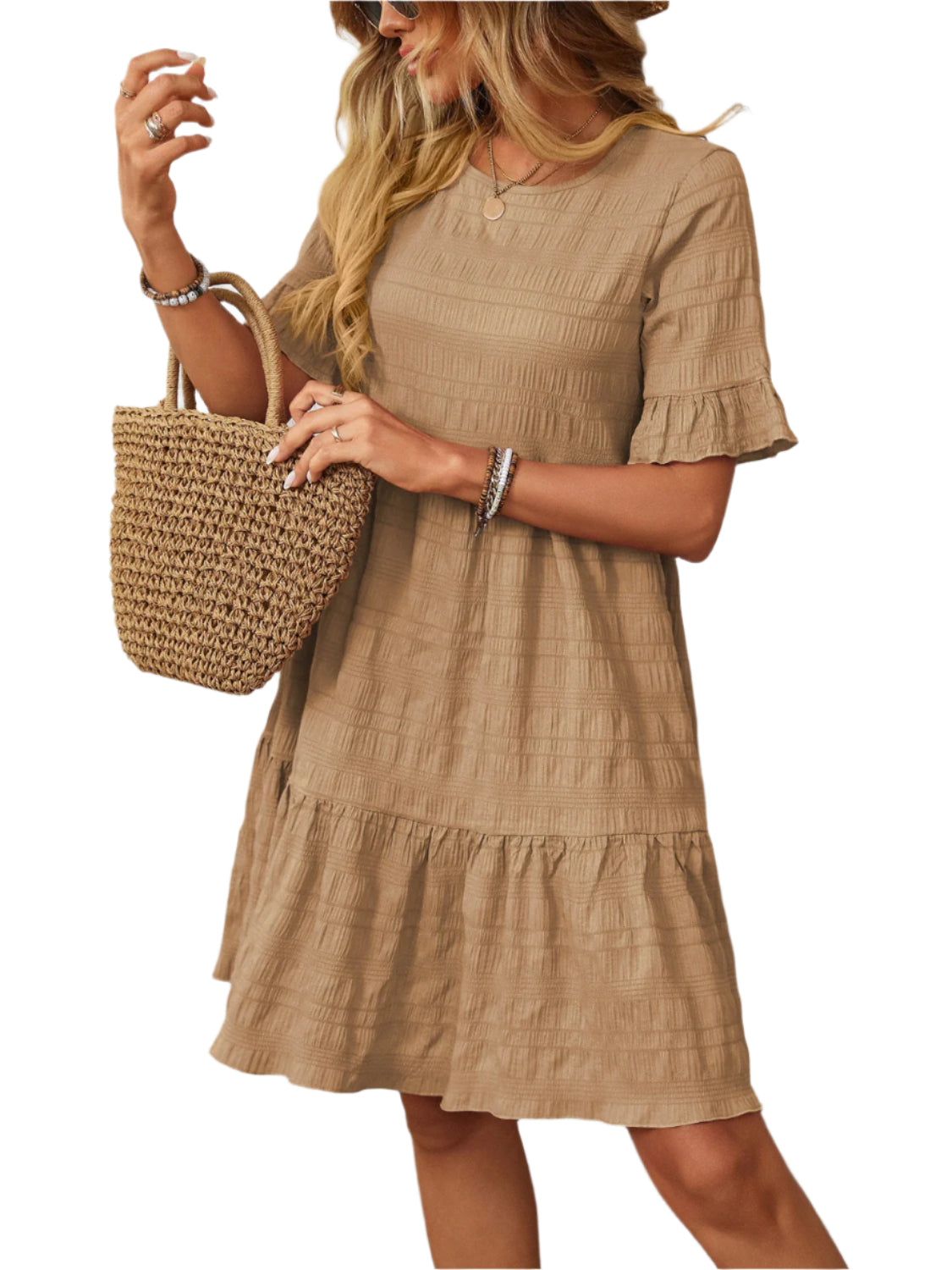 Mandy Ruffled Ruched Round Neck Half Sleeve Dress
