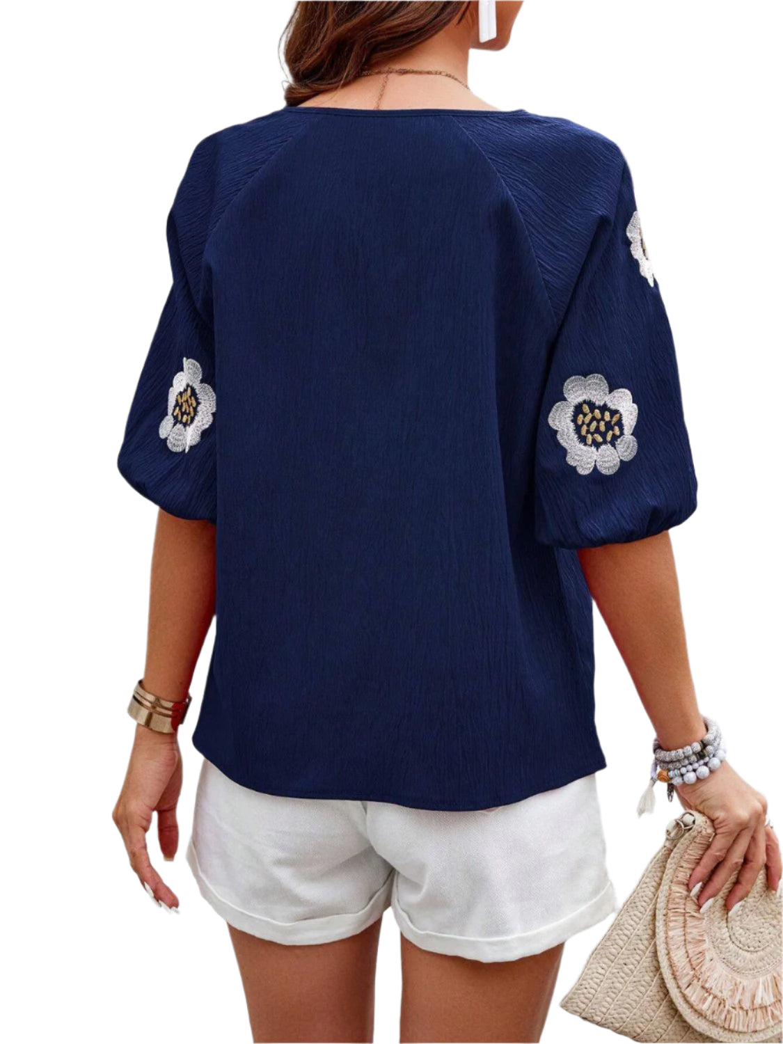 Embroidered Tie Neck Puff Sleeve Blouse