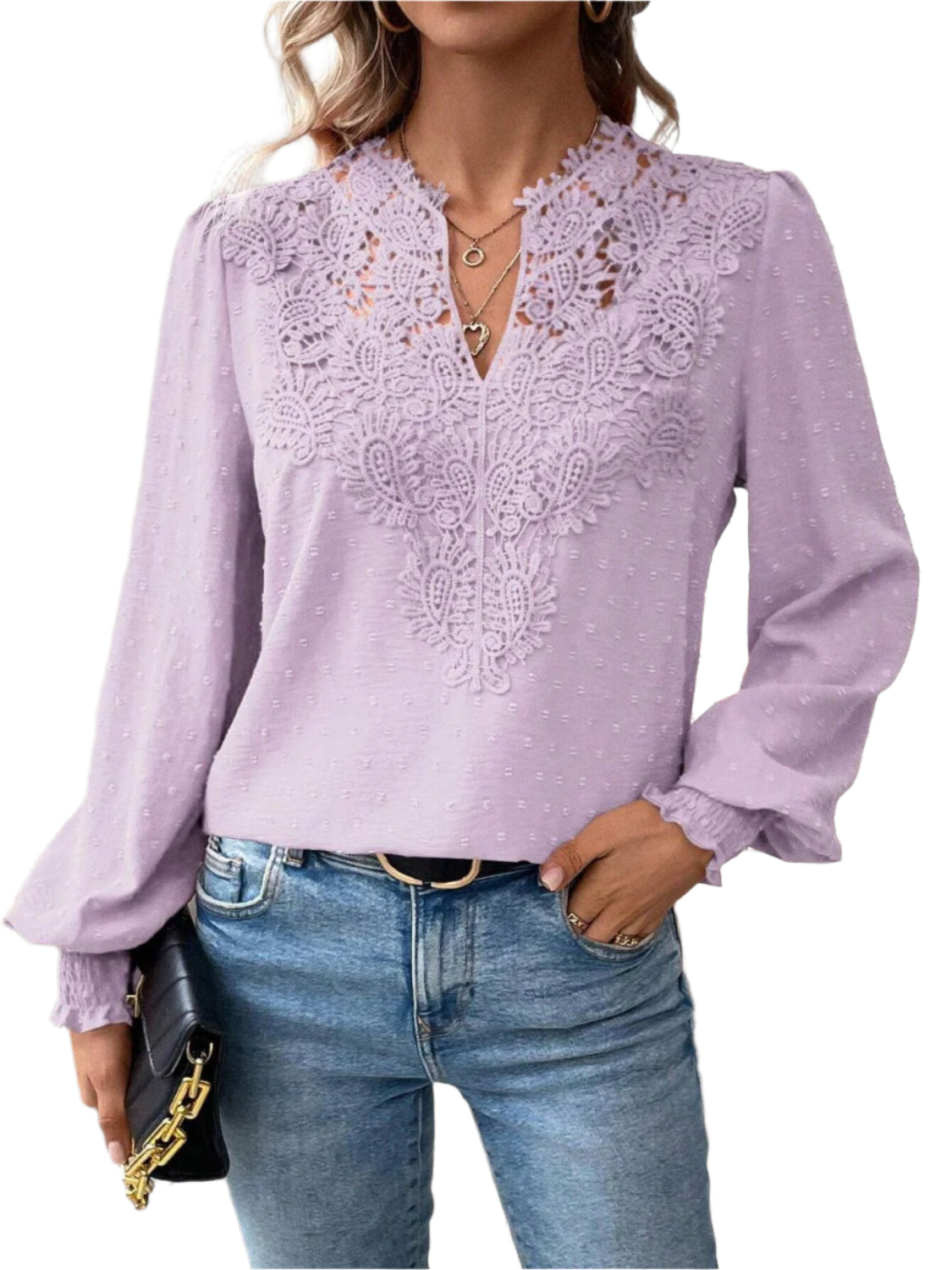 Swiss Dot Lace Detail Notched Long Sleeve Blouse