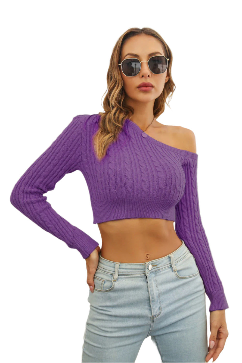 Cable-Knit One Shoulder Long Sleeve Sweater