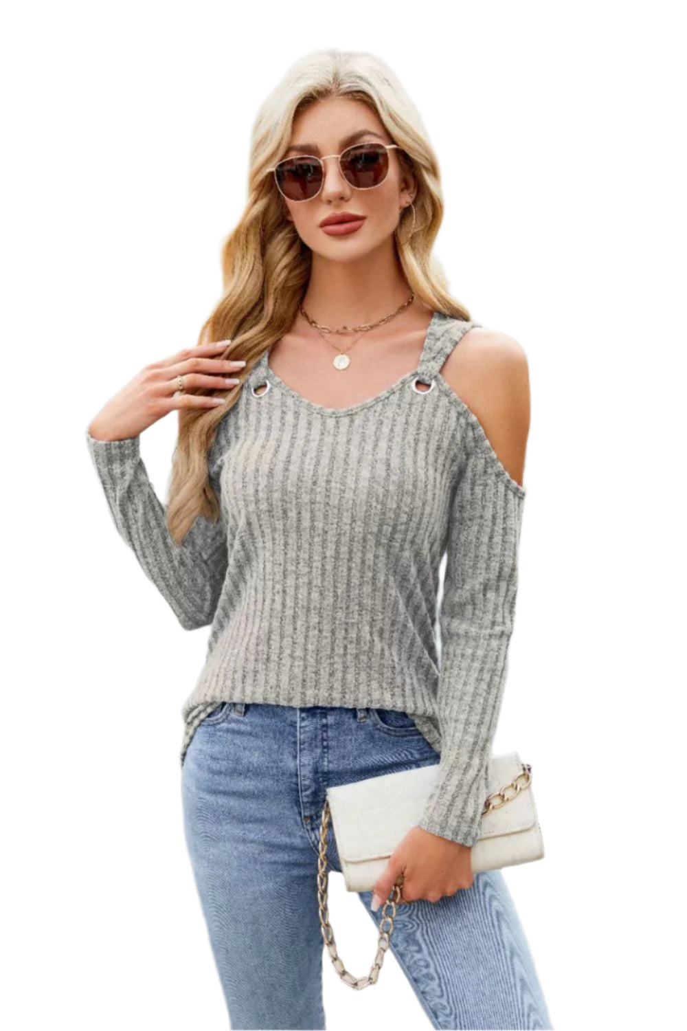 Ribbed Cold Shoulder Long Sleeve Top