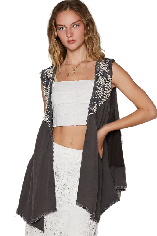 POL Embroidered Pearls Open Front Sleeveless Cardigan