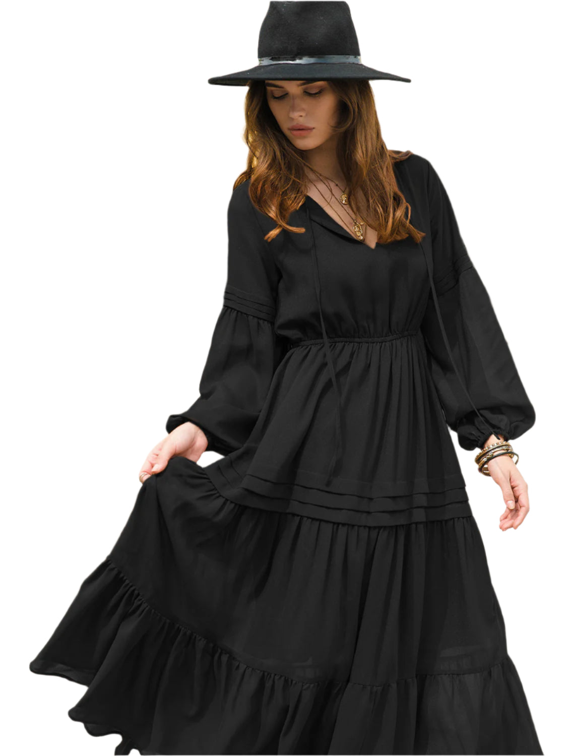 Tie Neck Long Sleeve Midi Tiered Dress