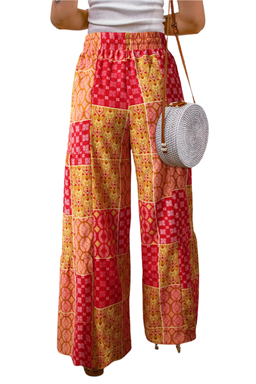 Bohemian Patchwork Drawstring Wide Leg Pants