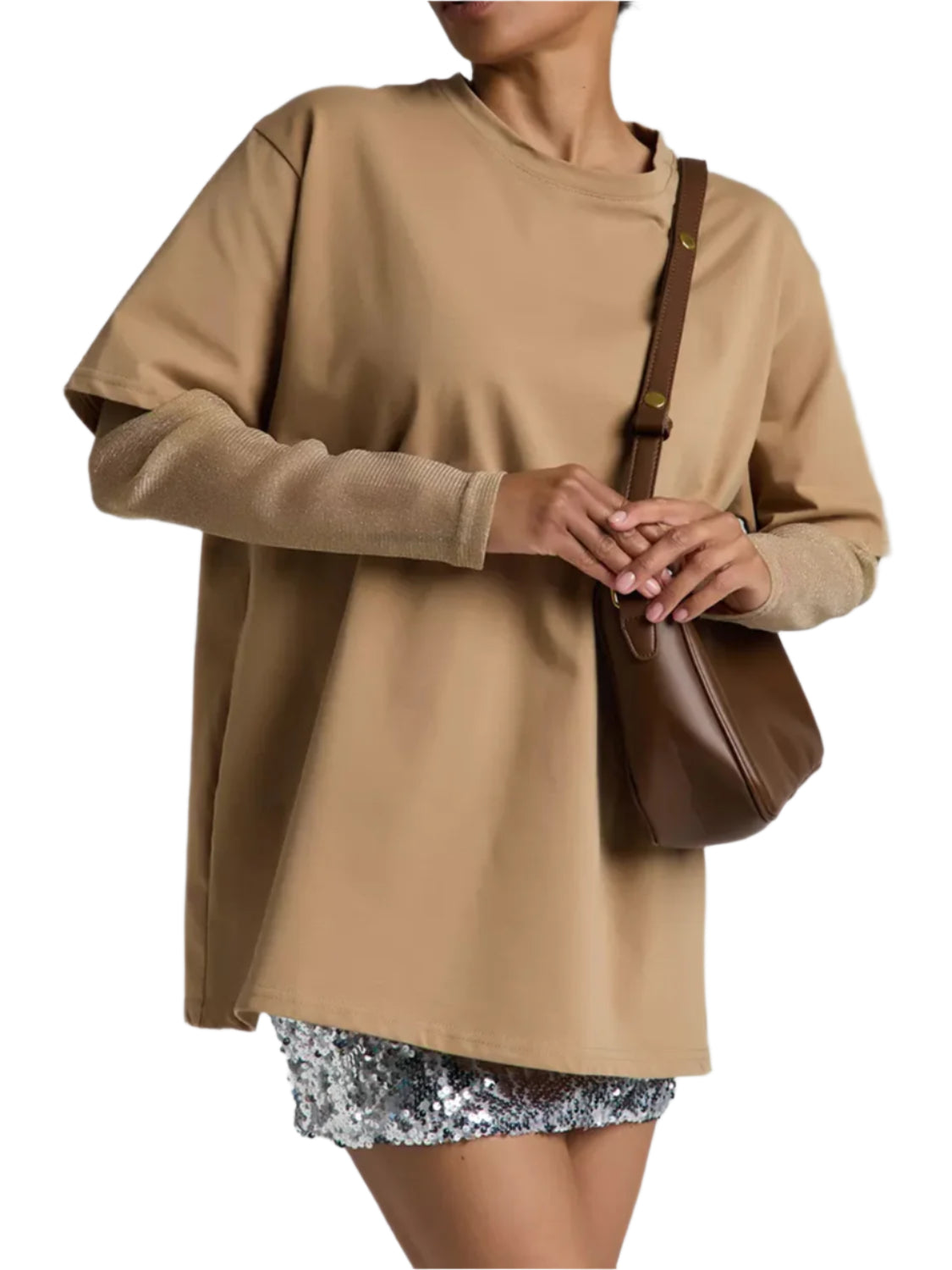 Faux Layered Round Neck Mesh Sleeve Top