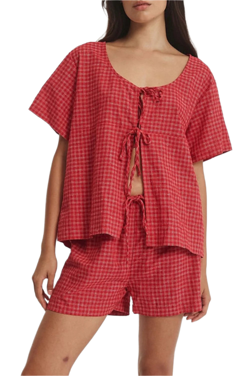Plaid Tied Scoop Neck Short Sleeve Top and Drawstring Shorts Set