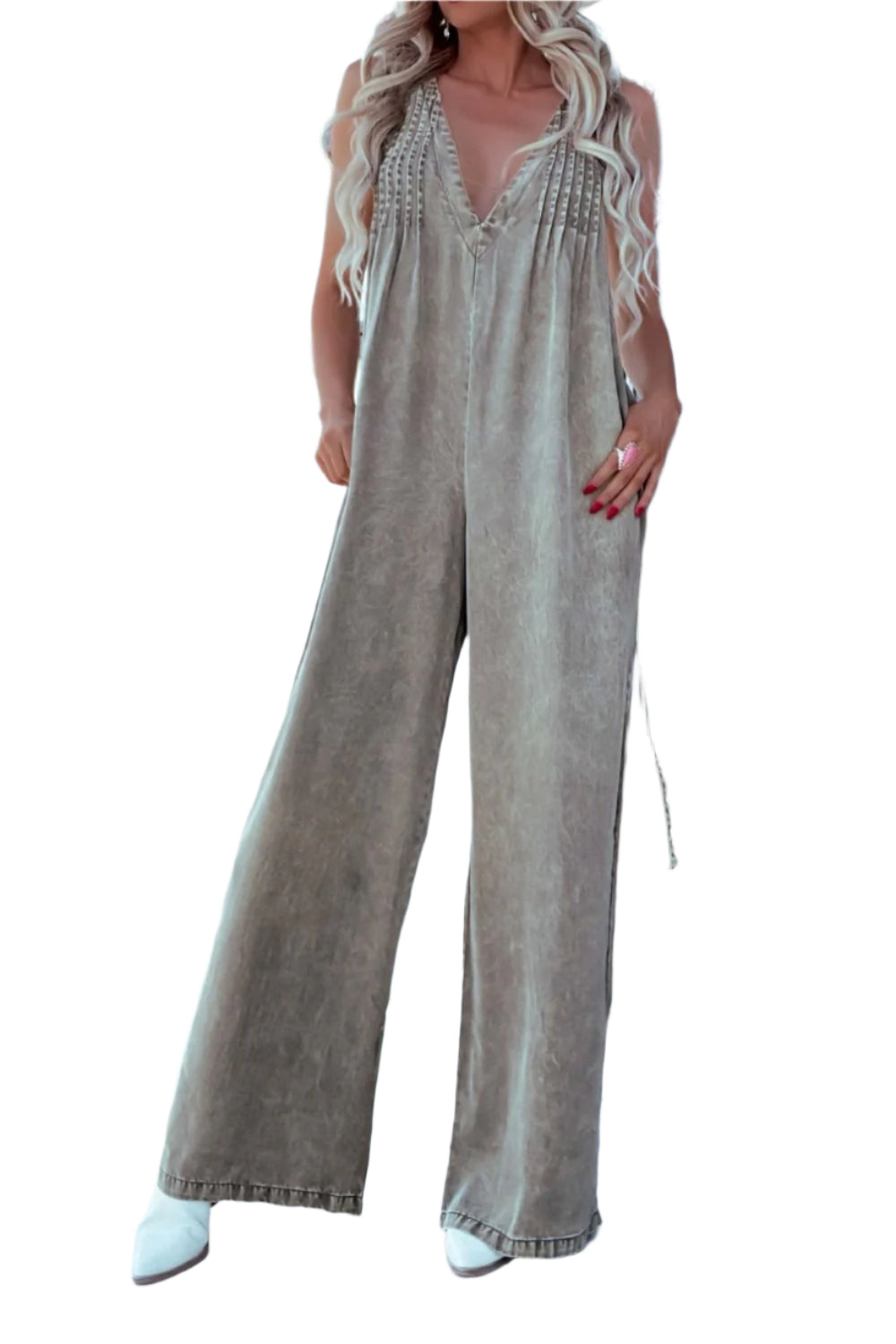 V-Neck Wide Leg Denim Jumpsuit