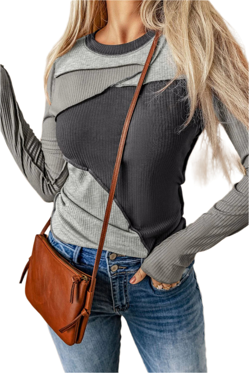 Exposed Seam Contrast Round Neck Long Sleeve T-Shirt