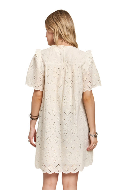 ADORA Ruffled Eyelet Round Neck Dress