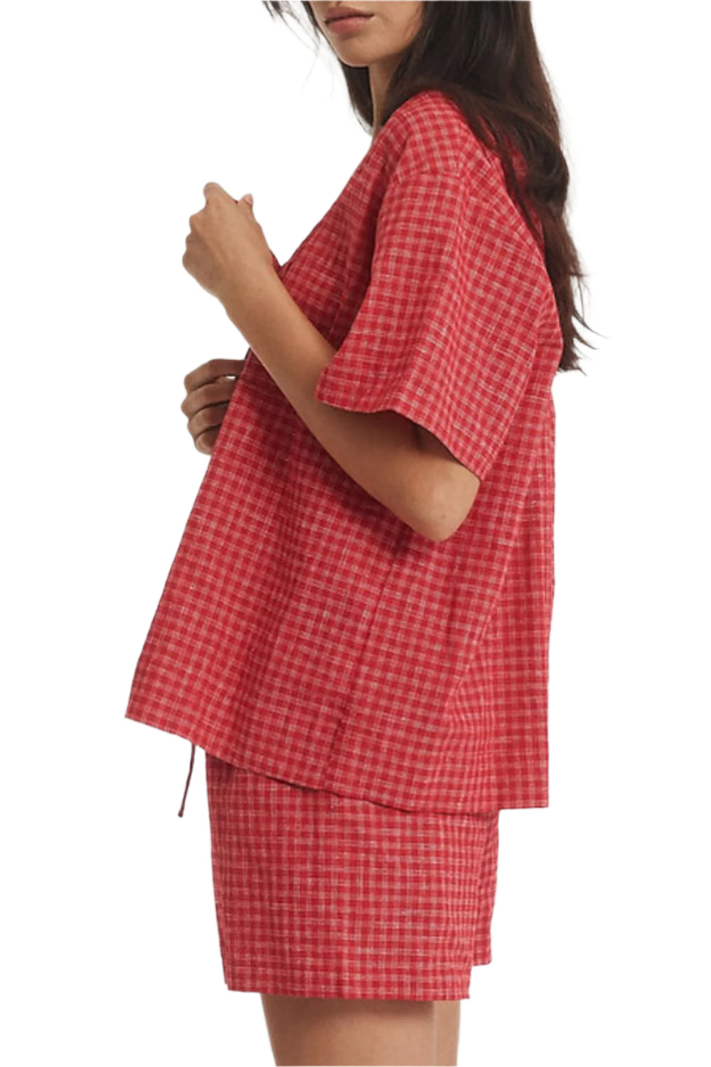 Plaid Tied Scoop Neck Short Sleeve Top and Drawstring Shorts Set
