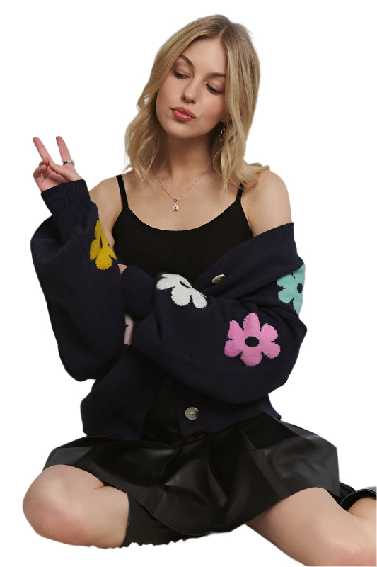 ADORA Flower Button Down Lantern Sleeve Cardigan