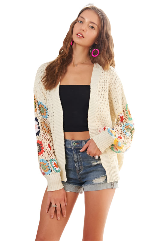 ADORA Plus Size Contrast Crochet Open Front Long Sleeve Cardigan