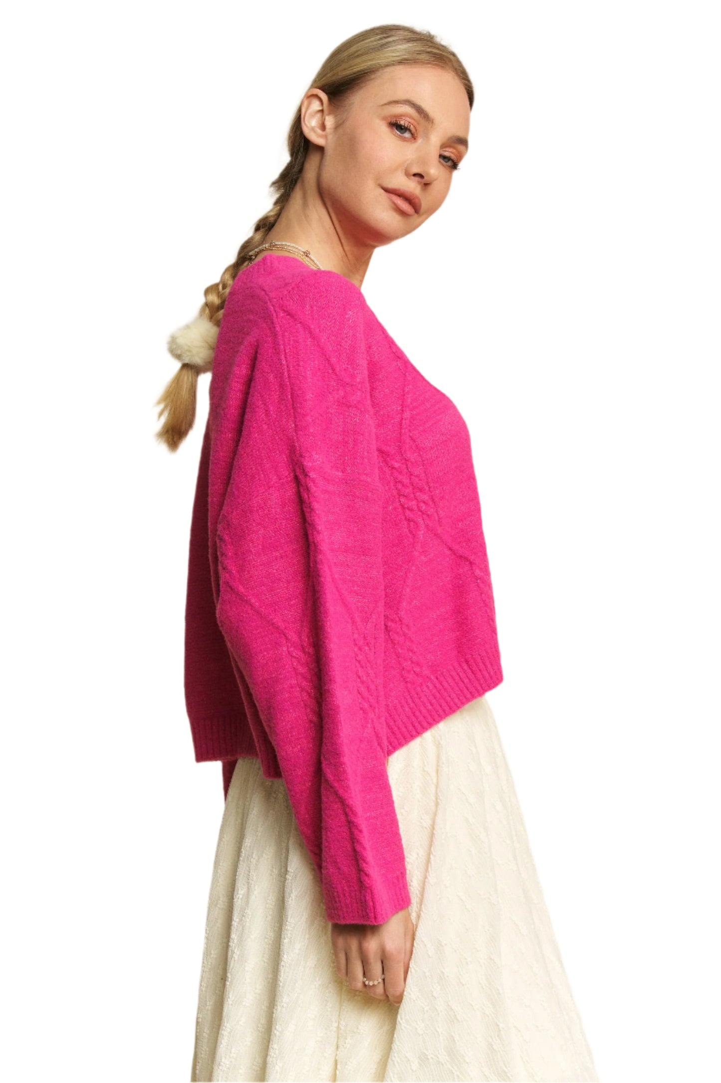 Davi & Dani Diamond Cable Pattern Drop Shoulder Sweater