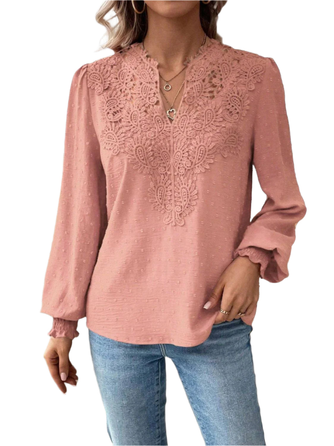 Swiss Dot Lace Detail Notched Long Sleeve Blouse
